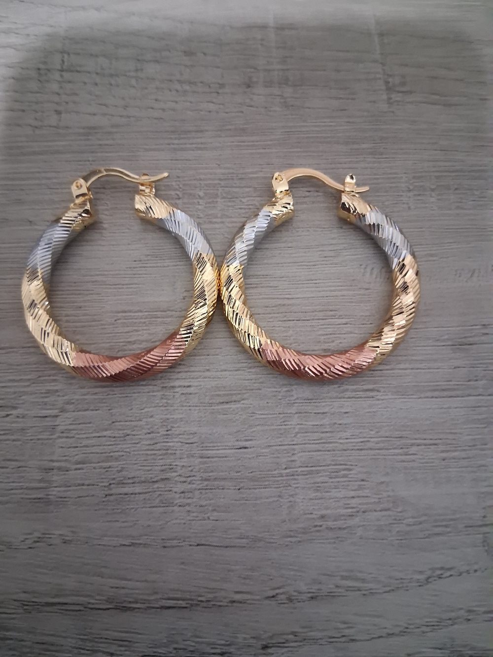 Tri-Tone Twisted Hoop Earrings - Gold, Silver & Rose